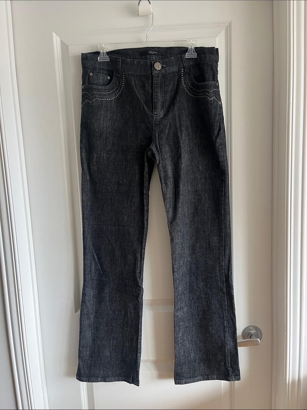 Simon Chang Black Boot-Cut Jeans with Studded Pocket Detail